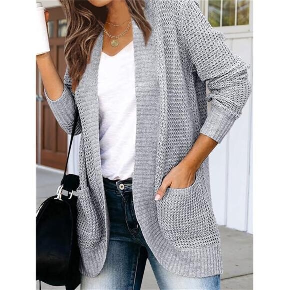Women's Long Sleeve Open Front Cardigan Chunky Knit Draped Sweater - Picture 3 of 5